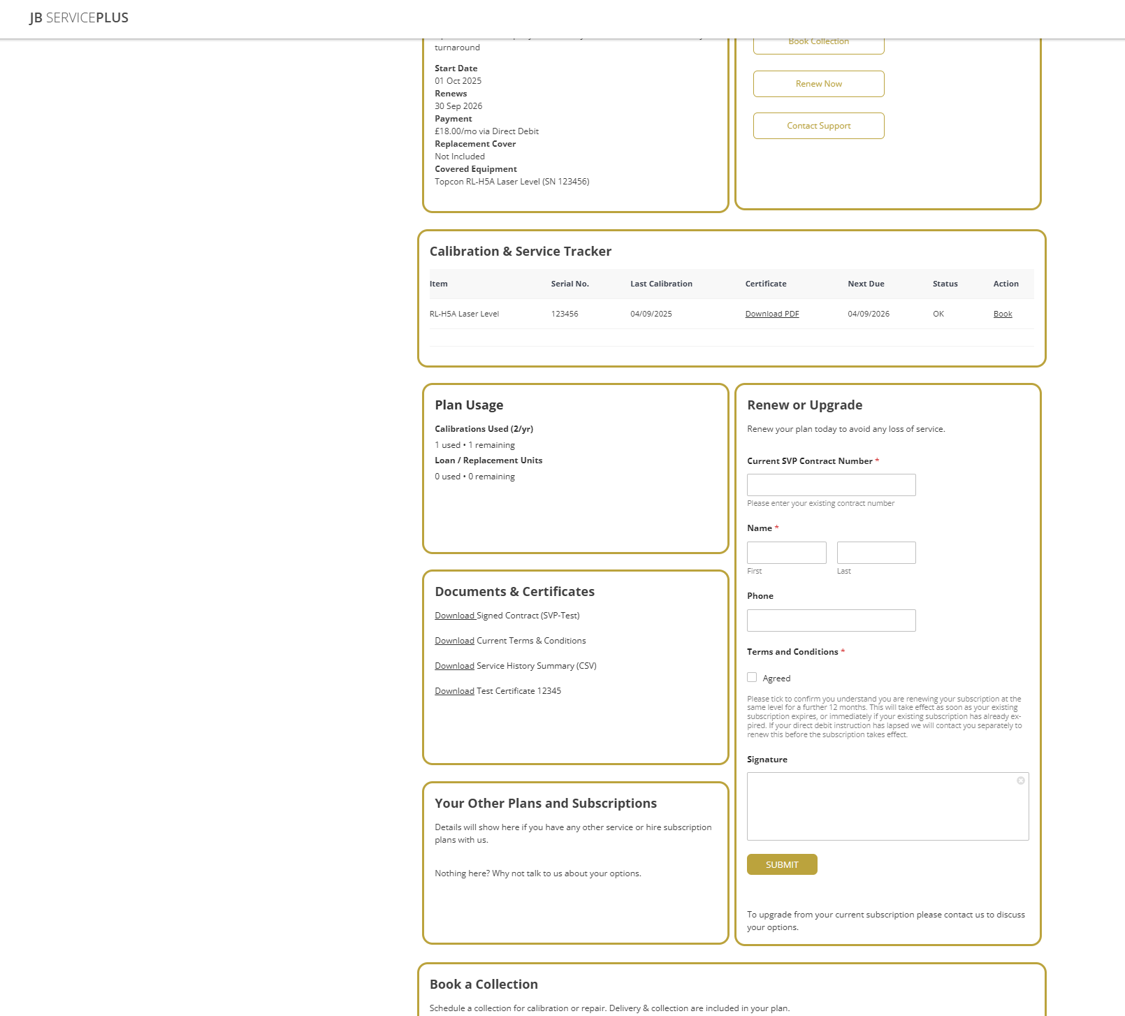 JB ServicePlus Subscription Plan Dashboard View JB ServicePlus Subscription Plan Dashboard View